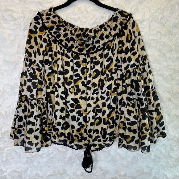 Vintage Havana Off The Shoulder Blouse Small Flowy Leopard Print Bell Sleeve - Picture 1 of 14